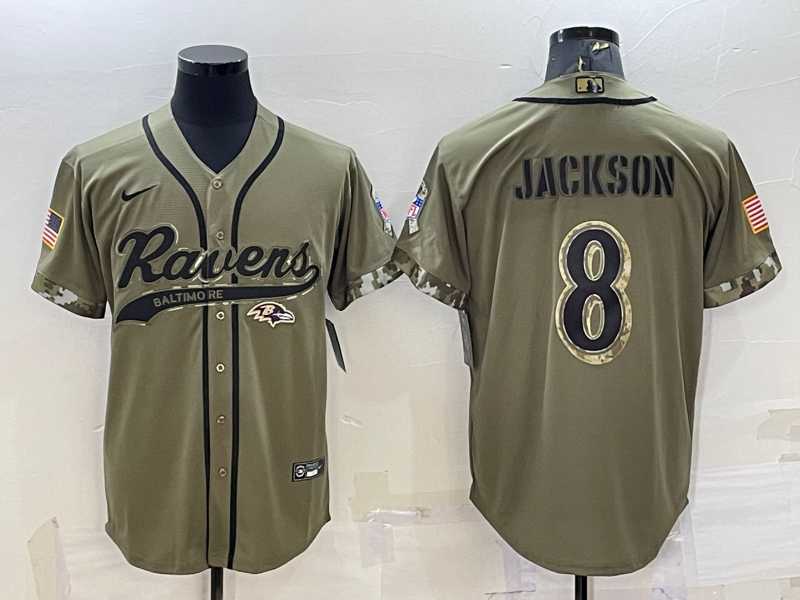 Men%27s Baltimore Ravens #8 Lamar Jackson Olive 2022 Salute to Service Cool Base Jersey